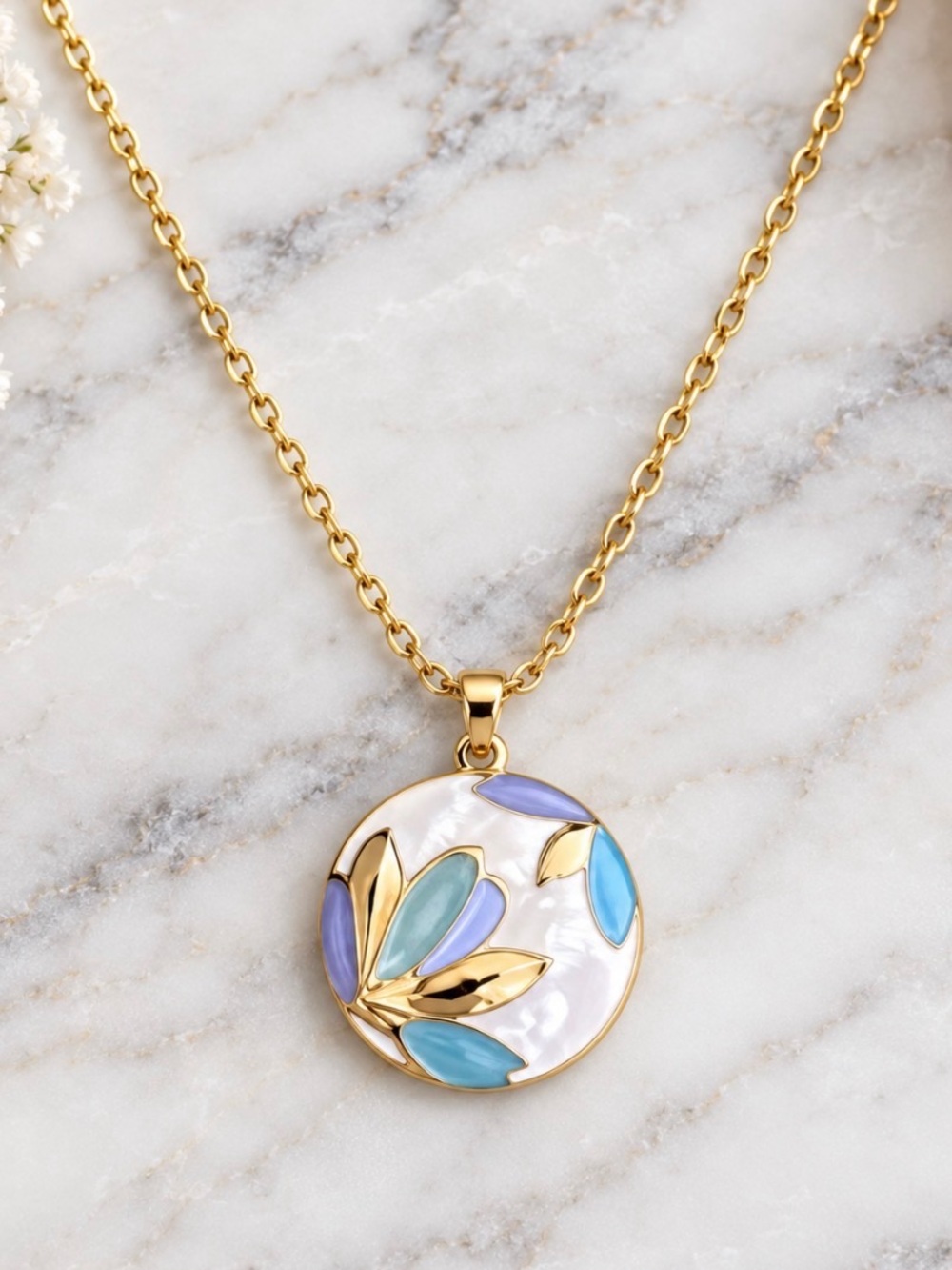 Blue, White and Gold Floral Enamel Design Pendant Necklace-Gold Hardware